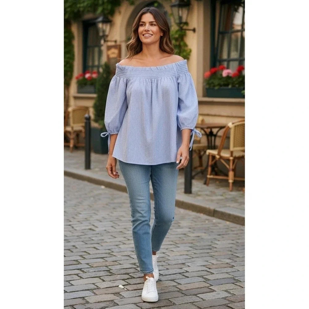 DO+BE Off‎ The Shoulder Top Smocked Tie Sleeve Coastal Grandmillennial Preppy S